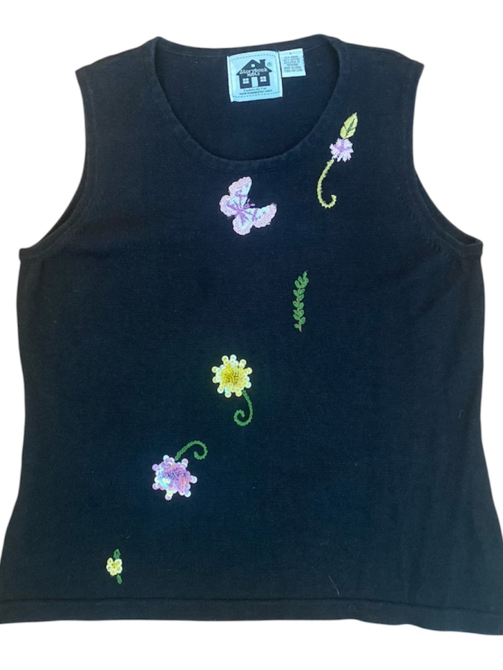 Vintage Storybook Knits Sweater Vest L Floral Butterfly Sequin Ramie Cotton USA - Picture 1 of 10